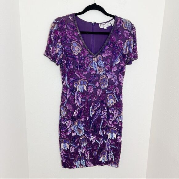 Vintage Black Tie Oleg Cassini Sequin Floral Dress - Picture 1 of 13